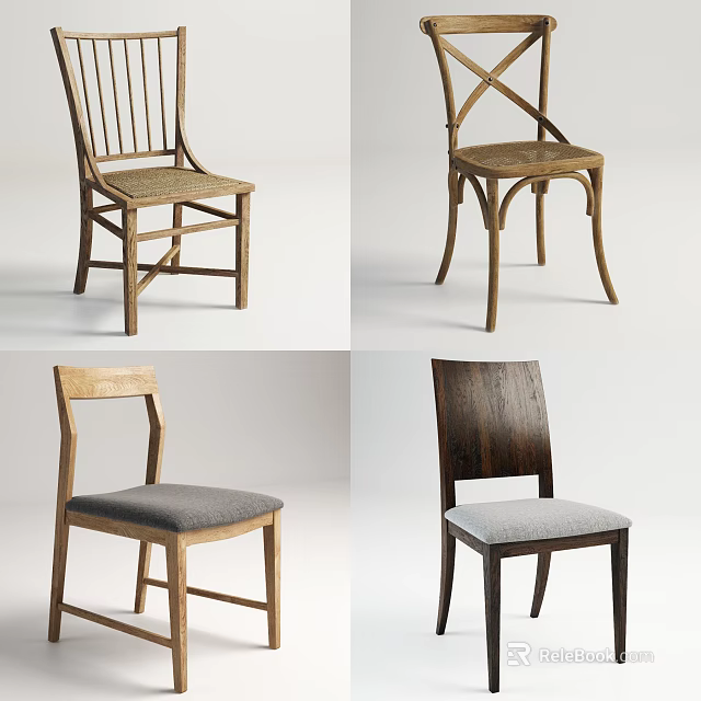 Stylish Dining Chairs With Wooden Frames Various Back Designs Woven Upholstered Seats 3d model 