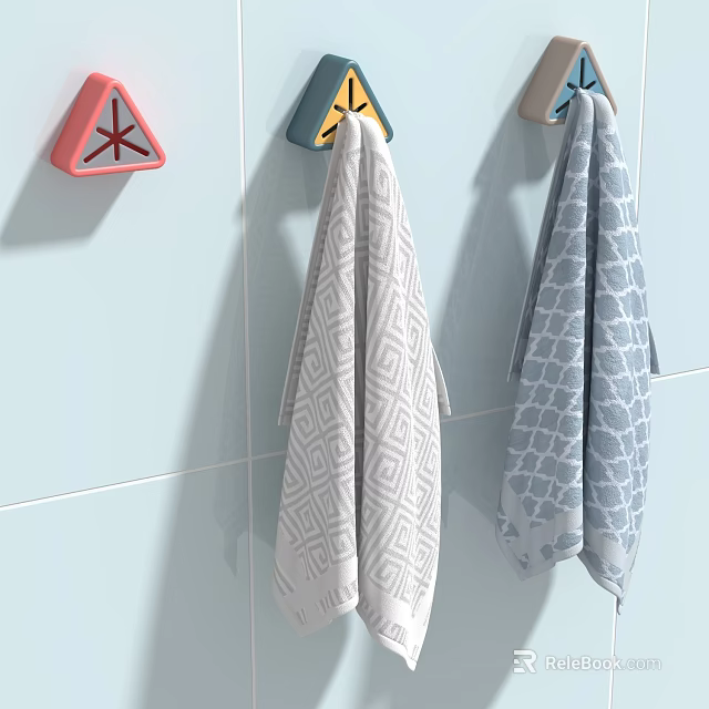 Two Patterned Towels Hanging On Colorful Hooks Against Light Blue Tiled Wall 3d model 