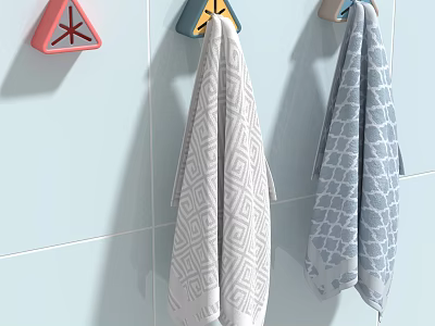 Two Patterned Towels Hanging On Colorful Hooks Against Light Blue Tiled Wall 3d model