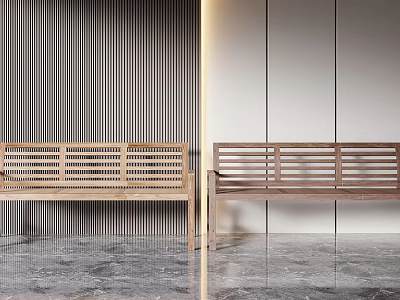 Two Wooden Public Chairs In Indoor Area With Striped And Plain Walls And Marble Floor 3d model
