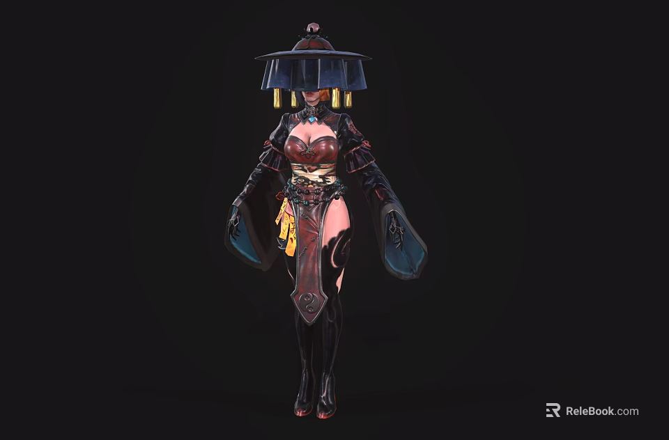 Game and Movie Character Wearing Traditional Oriental Hat and Ornate Armor With Red Gold Details 3d model 