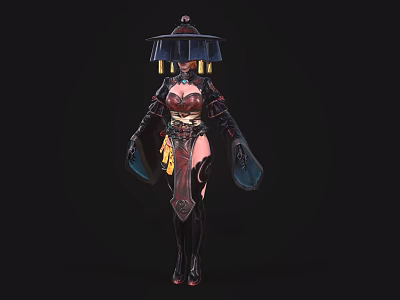 Game and Movie Character Wearing Traditional Oriental Hat and Ornate Armor With Red Gold Details 3d model