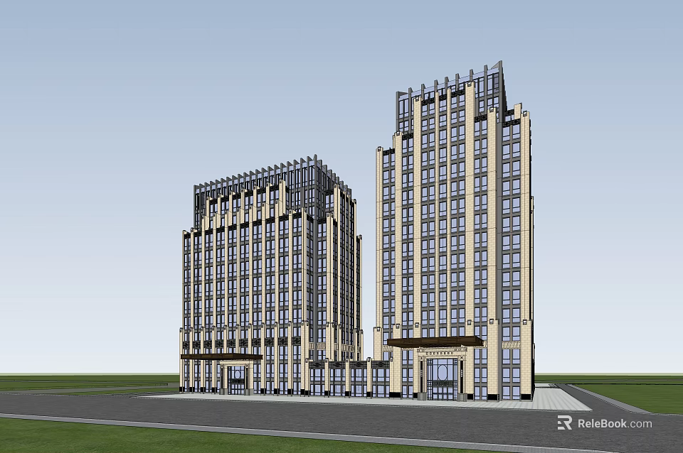 Two Modern High Rise Office Buildings With Classic Architectural Details And Large Windows 3d model 
