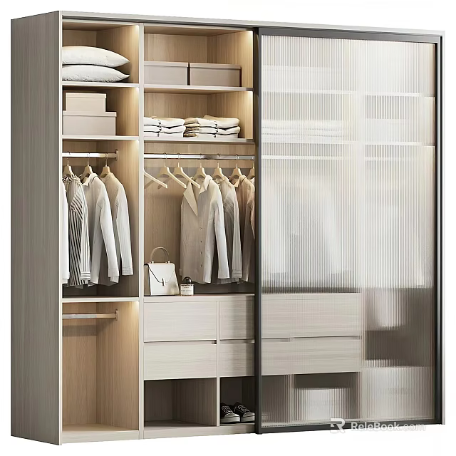 Modern Wardrobe Interior Design With Hanging Rods Folded Clothes And Drawers 3d model