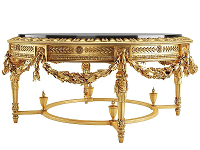 Ornate Golden Coffee Table With Intricate Carvings And Round Marble Top 3d model