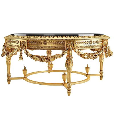 Ornate Golden Coffee Table With Intricate Carvings And Round Marble Top 3d model