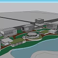 Modern Office Complex Aerial View With Landscaped Areas And Water Features