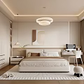 Modern Bedroom Interior Design With Circular Pendant Light Large Bed And Wardrobe