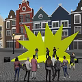 Yellow Star Shaped Installation With Live Band Performance And Colorful Buildings In Street Square
