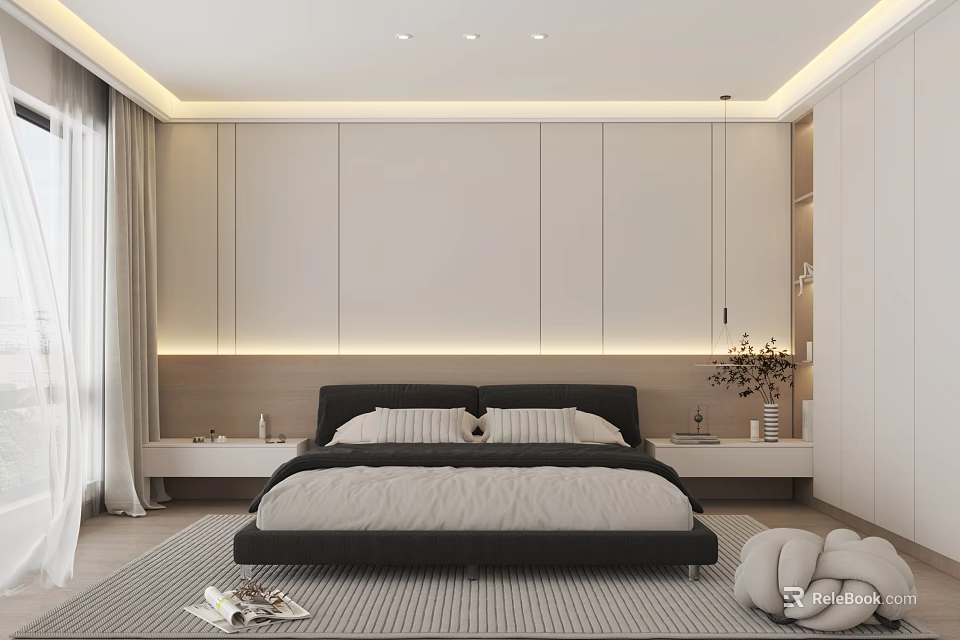 Modern Minimalist Bedroom Interior With Black Bed Built in Wardrobes LED Strip Lighting And Rug 3d model 