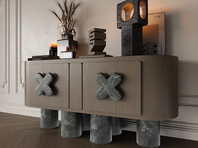 Modern Stylish Console Table With X Shaped Door Handles And Cylindrical Legs Featuring Decorative Sculptures 3d model