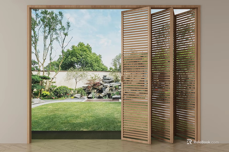 Wooden Open Folding Door Revealing Garden Landscape With Lawn Trees And Rocks 3d model 