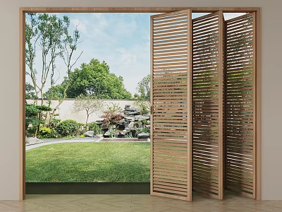 Wooden Open Folding Door Revealing Garden Landscape With Lawn Trees And Rocks 3d model