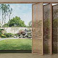 Wooden Open Folding Door Revealing Garden Landscape With Lawn Trees And Rocks