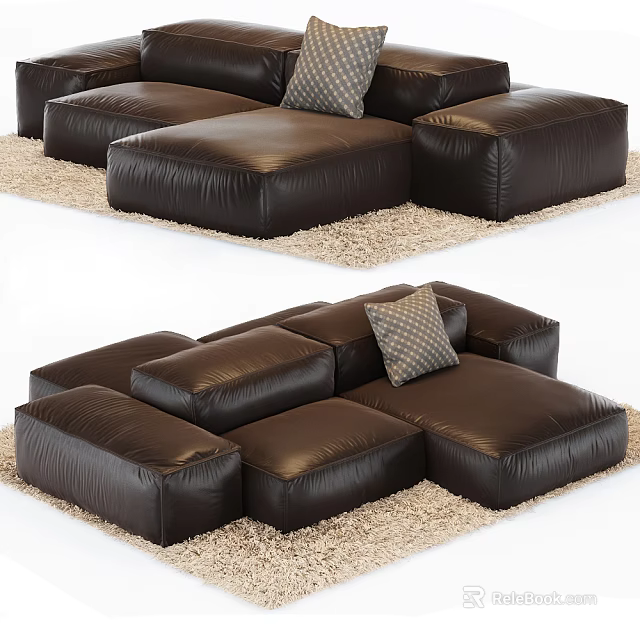 Brown Leather Sectional Sofa with Modular Design and Decorative Pillow on Soft Beige Rug 3d model 