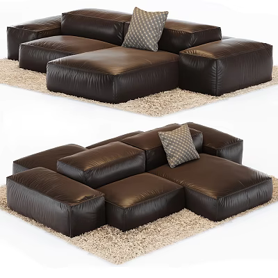 Brown Leather Sectional Sofa with Modular Design and Decorative Pillow on Soft Beige Rug 3d model
