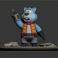 Blue Cartoon Bear Game Character Holding Flaming Torch Wearing Orange Vest on Stone Round Platform