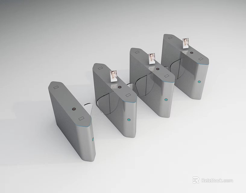 Four Gray Turnstiles With Card Readers For Public Facility Access Control 3d model