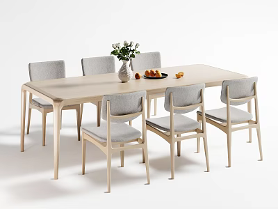 Modern Light Wood Dining Table Set With Six Chairs Vase And Fruits On Top 3d model