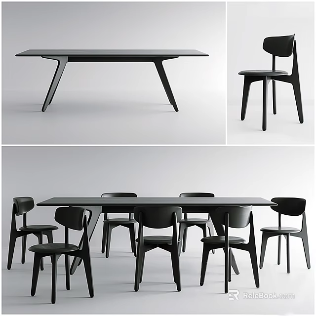 Modern Minimalist Black Dining Table Set With Rectangular Design And Matching Chairs 3d model 