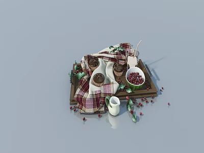 Rustic Dinnerware Set with wooden tray plaid cloth patterned bowls white milk jug red berries 3d model