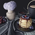 Kitchen Breakfast Tray Setup With Pancakes Blueberries Chocolate Sauce Teapot Coffee Cup And Purple Flowers
