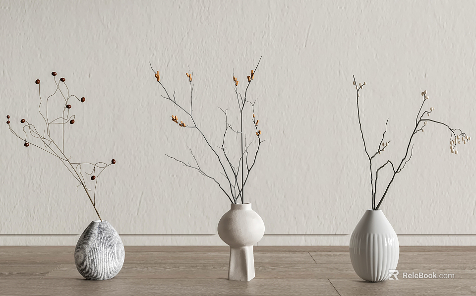 Stylish Ceramic Vases With Decorative Twigs On Wooden Floor Against Textured Wall 3d model 