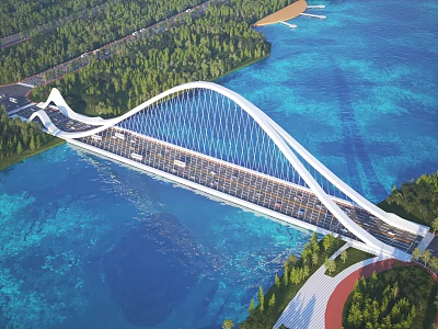 Modern White Arch Cable Stayed Bridge Over Blue Water With Green Trees And Road Traffic 3d model