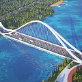 Modern White Arch Cable Stayed Bridge Over Blue Water With Green Trees And Road Traffic
