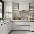 Modern Kitchen Interior With White Cabinets Stainless Steel Refrigerator Countertop And Appliances