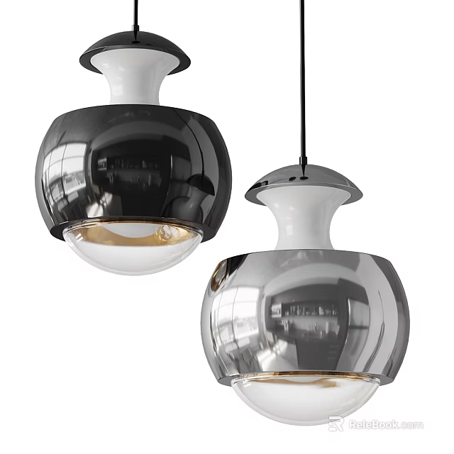 Modern Black And Silver Spherical Pendant Lights With Reflective Surface And Glass Globe 3d model 