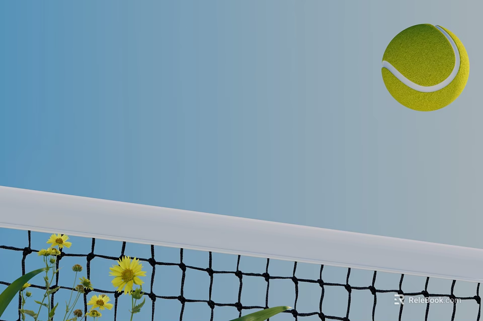 Outdoor Tennis Net With Flying Ball Against Blue Sky And Yellow Flowers 3d model 