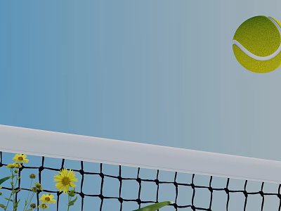 Outdoor Tennis Net With Flying Ball Against Blue Sky And Yellow Flowers 3d model