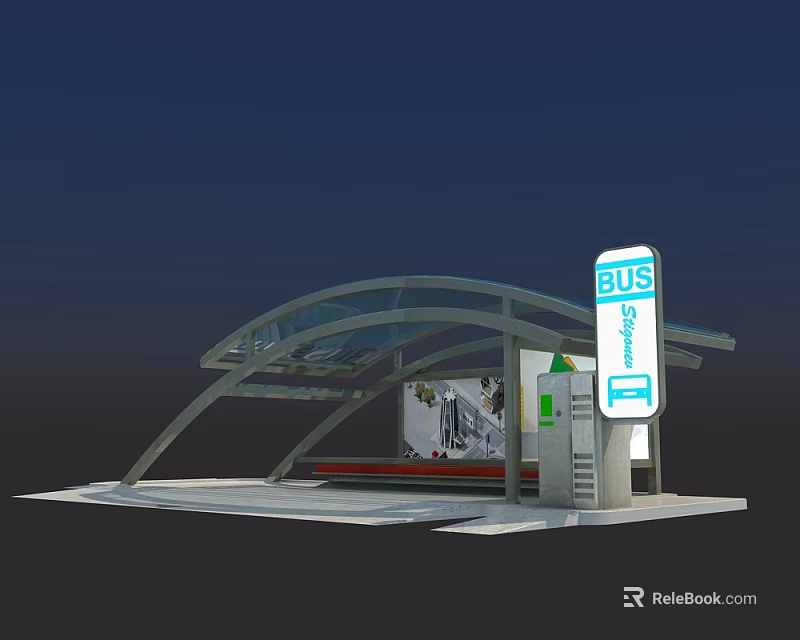 Modern Road Facility Bus Stop With Glass Roof Bench And Advertising Board 3d model 