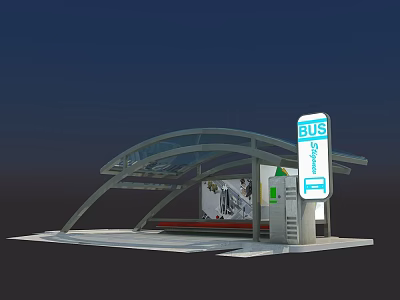 Modern Road Facility Bus Stop With Glass Roof Bench And Advertising Board 3d model