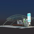 Modern Road Facility Bus Stop With Glass Roof Bench And Advertising Board