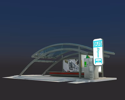 Modern Road Facility Bus Stop With Glass Roof Bench And Advertising Board 3d model