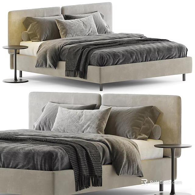 Modern Double Bed With Upholstered Headboard Soft Pillows Throw Blanket And Side Nightstand 3d model