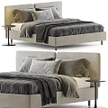 Modern Double Bed With Upholstered Headboard Soft Pillows Throw Blanket And Side Nightstand 3d model