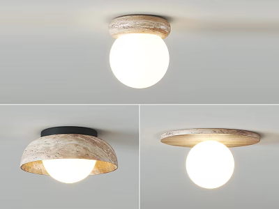 Modern Ceiling Lights With Wooden Textured Bases Spherical Lamps And Curved Shades 3d model