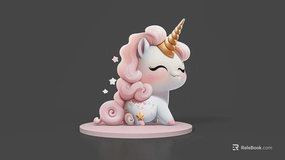 Adorable Pink Unicorn Figurine With Golden Horn And Starry Base Decorations 3d model 