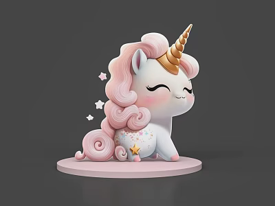 Adorable Pink Unicorn Figurine With Golden Horn And Starry Base Decorations 3d model