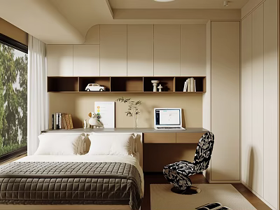 Minimalist Tatami Bedroom Interior Design With Tatami Bed Desk Laptop Books Decorations And Window Plants 3d model