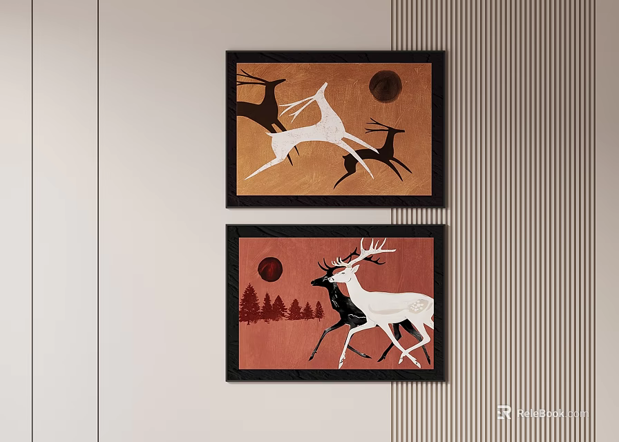 Decorative Abstract Paintings Featuring Deer Trees And Moon For Wall Decor 3d model