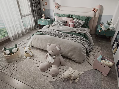 Kids Bed With Decorative Bow Headboard Cozy Bedding Stuffed Toys And Green Side Tables 3d model