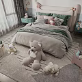 Kids Bed With Decorative Bow Headboard Cozy Bedding Stuffed Toys And Green Side Tables