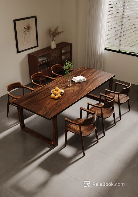 Modern Solid Wood Dining Table With Six Chairs Fruit Bowl Green Plant And White Napkin 3d model 