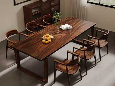 Modern Solid Wood Dining Table With Six Chairs Fruit Bowl Green Plant And White Napkin 3d model