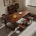 Modern Solid Wood Dining Table With Six Chairs Fruit Bowl Green Plant And White Napkin