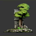 Enchanting Tree Tower Building With Green Foliage Stone Path And Wooden Door